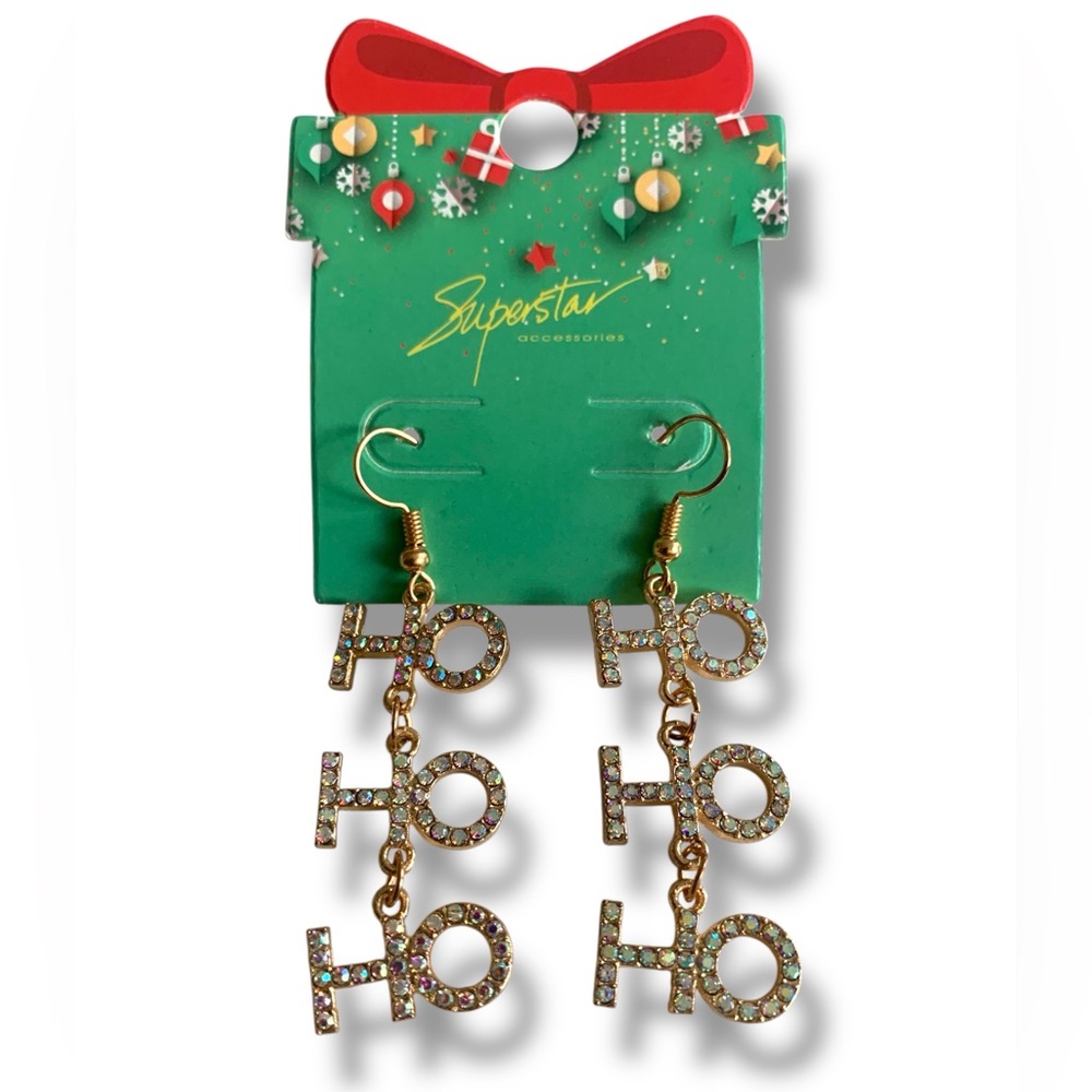 Superstar Gold White Rhinestone HO HO HO Earrings Christmas Holiday Accessories